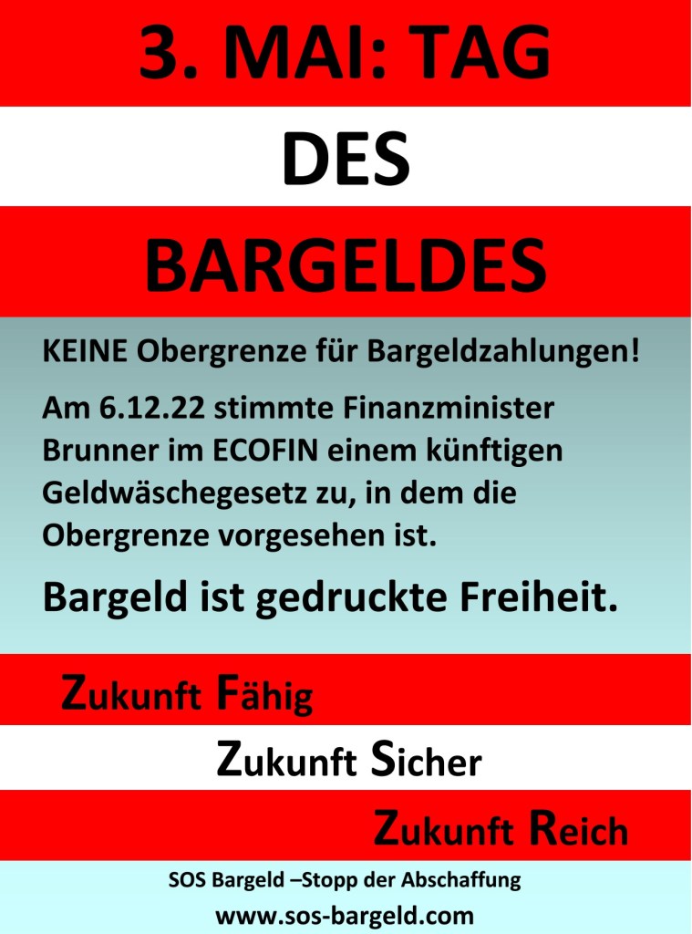 KEINE Obergrenze für Bargeldzahlungen! 

Am 6.12.22 stimmte Finanzminister Brunner im ECOFIN einem künftigen Geldwäschegesetz zu, in dem die Obergrenze vorgesehen ist.
